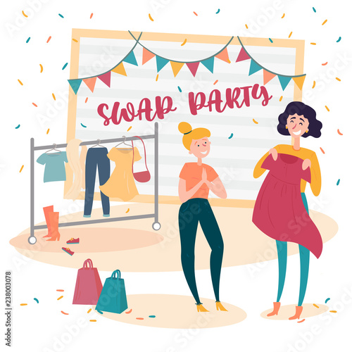Two young social and eco responsible girls at fashion swap party. Reduce and reuse concept. Idea of exchange your old wardrobe for new. Eco-friendly cloth exchange. Vector cartoon style illustration