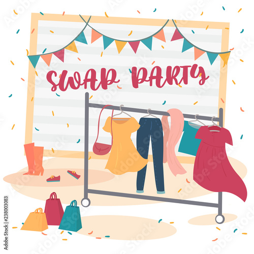 Fashion swap party. Reduce and reuse concept. Idea of exchange your old wardrobe for new. Dress, pants and bag on hanger in dressing room. Eco-friendly cloth exchange. Vector cartoon illustration