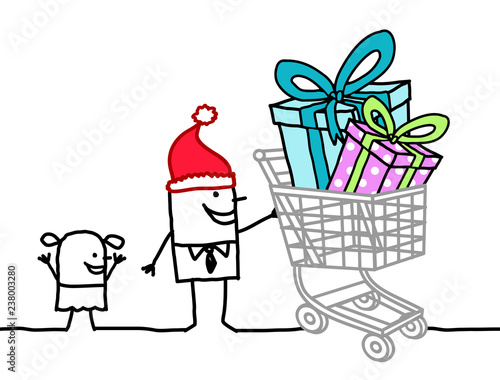 Cartoon Santa Man with Child and Shopping Cart full of Gifts