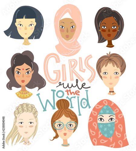 Set of girls of different nationalities and religions. Portraits
