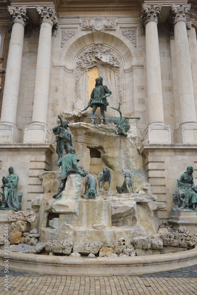 Fountain of King Matthias in Buda Castle in Budapest on December 30, 2017.