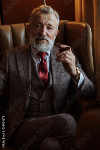 Serious old-aged businessman wearing classy custom tailored suit, red tie and expensive wristwatch sitting on old fashioned sofa in office, looking at camera and smoking cigar photo