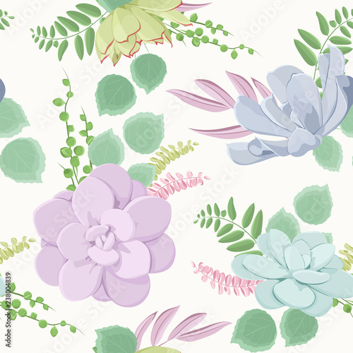 Beautiful succulent flowering plants composition seamless pattern texture. Echeveria stone rose purple blue green.