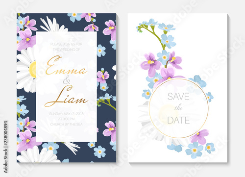 Wedding invitation card template set. Yellow white daisy chamomile blue forget-me-not purple viola wild flowers.