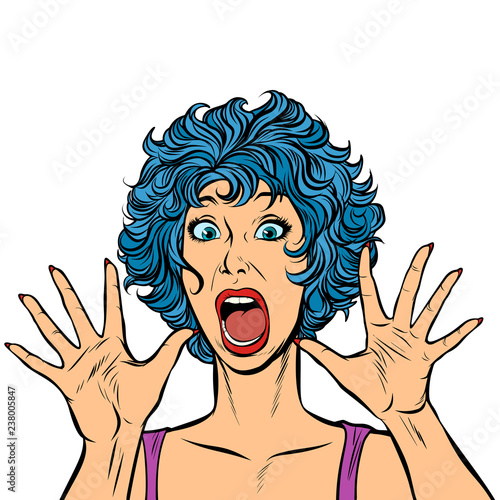 woman panic, fear, surprise gesture. Girls 80s