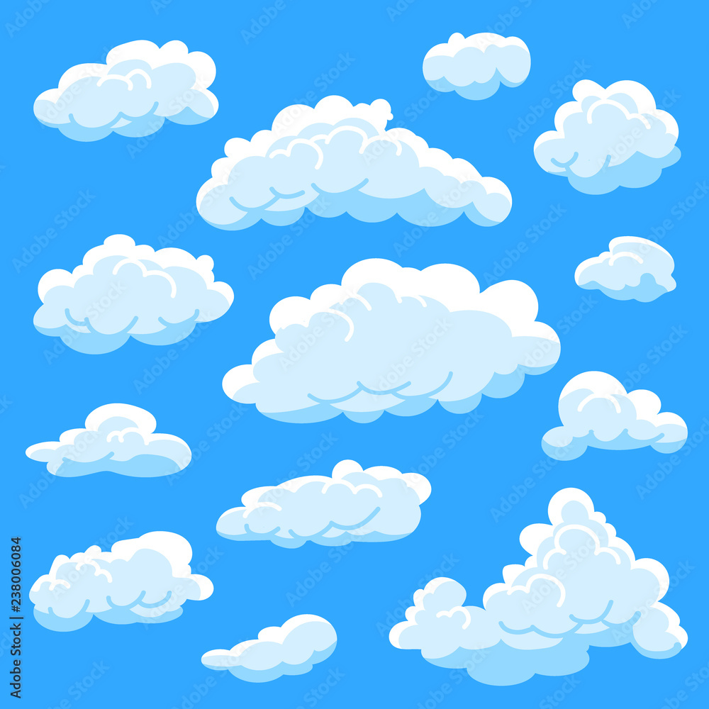 Set of different shape cartoon white clouds on blue background, cloudy sky, vector illustration Set of different shape cartoon white clouds on blue background, cloudy sky, vector illustration