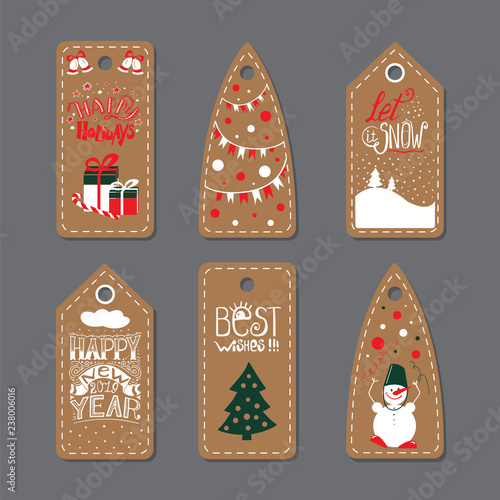 Merry Christmas Label Badge. Set of six printable hand drawn holiday cards templates. Vector seasonal labels design.
