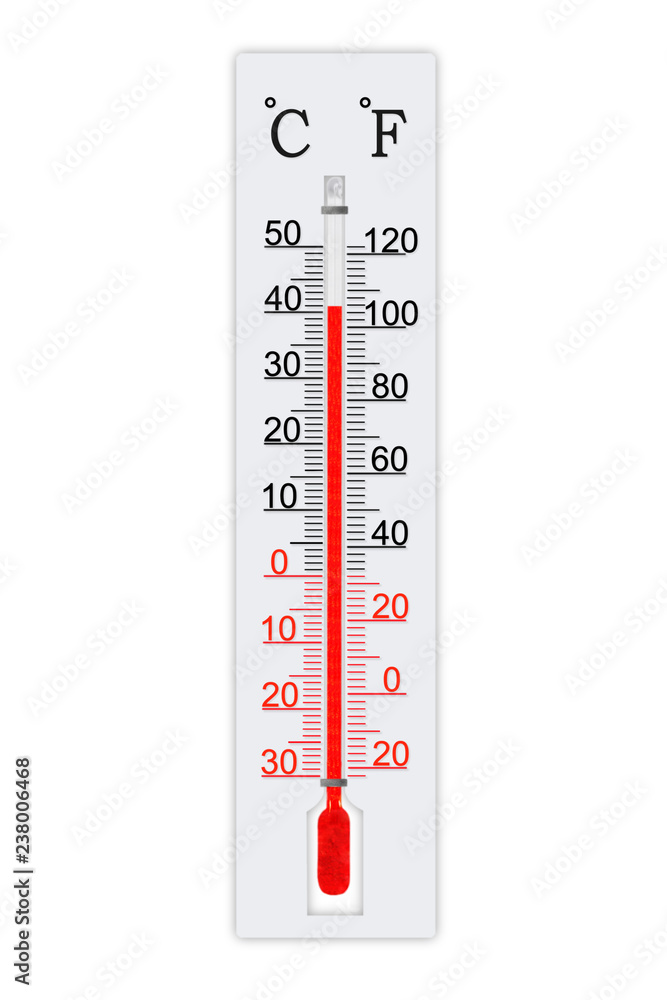 Meteorology thermometer isolated on white background. Thermometer shows air  temperature plus 41 degrees celsius or plus 106 degrees fahrenheit Photos |  Adobe Stock