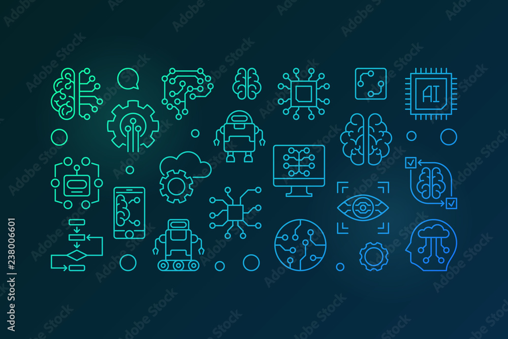 Artificial Intelligence colorful horizontal outline banner. AI technology vector illustration in line style on dark background