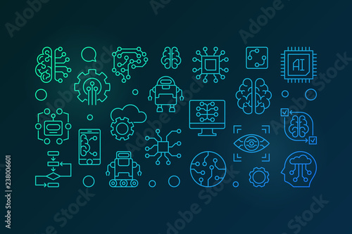 Artificial Intelligence colorful horizontal outline banner. AI technology vector illustration in line style on dark background