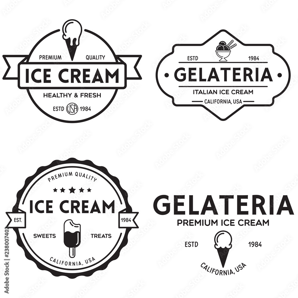 Set of vintage ice cream shop logo badges and labels, gelateria signs