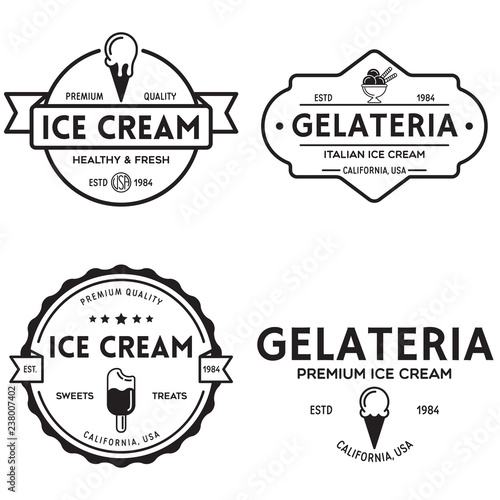 Set of vintage ice cream shop logo badges and labels, gelateria signs. Retro logotypes for cafeteria or bar.