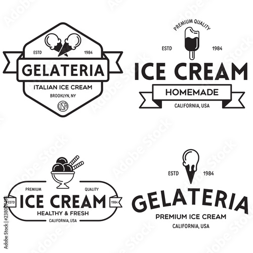 Set of vintage ice cream shop logo badges and labels, gelateria signs. Retro logotypes for cafeteria or bar.