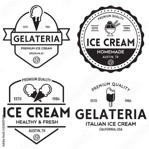 Set of vintage ice cream shop logo badges and labels, gelateria signs. Retro logotypes for cafeteria or bar.
