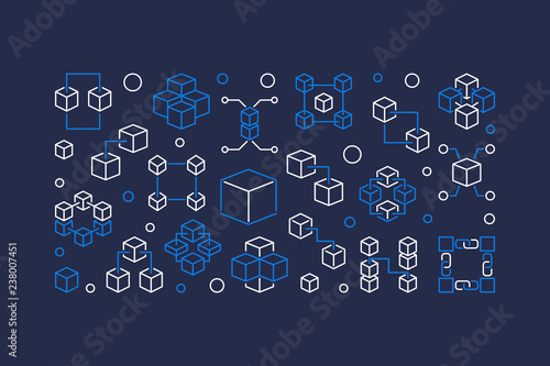 Blockchain technology concept blue line banner. Vector illustration in thin line style on dark blue background