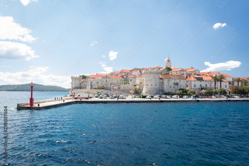 View of the beautiful Korcula town from the sea, Korcula island, Dalmatia, Croatia