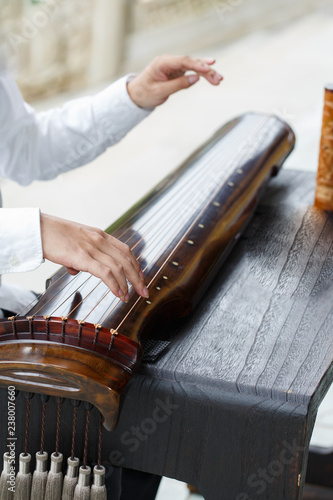 Local close-up of Chinese traditional instrument Guqin