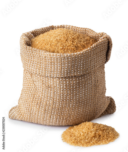 brown cane sugar in burlap bag photo