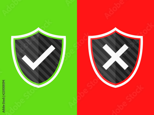 Shield green with check mark and shield red cross sign vector