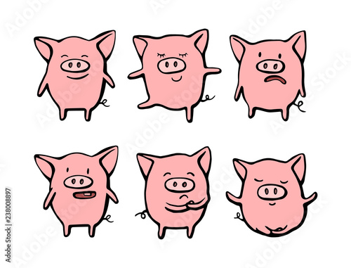 Collection of funny pig emoticon characters in different emotions. Vector set hand drawn illustration. Christmas card, poster, t-shirt composition, hand drawn print.