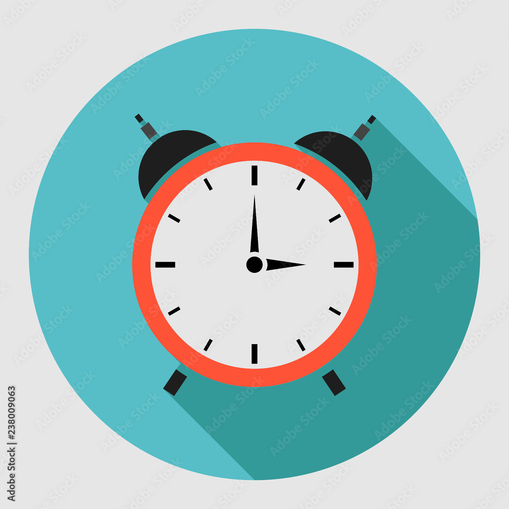 Alarm clock icon with long shadow. Flat design style. Clock silh Alarm clock icon with long shadow. Flat design style. Clock silh