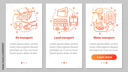 Modes of transports onboarding mobile app page screen with linea
