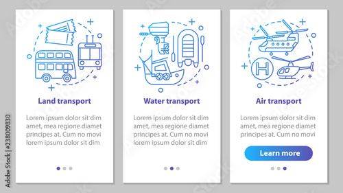 Modes of transports onboarding mobile app page screen with linea