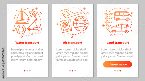 Modes of transports onboarding mobile app page screen with linea