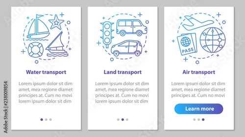 Modes of transports onboarding mobile app page screen with linea