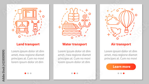 Modes of transports onboarding mobile app page screen with linea