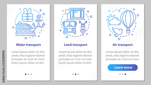 Modes of transports onboarding mobile app page screen with linea