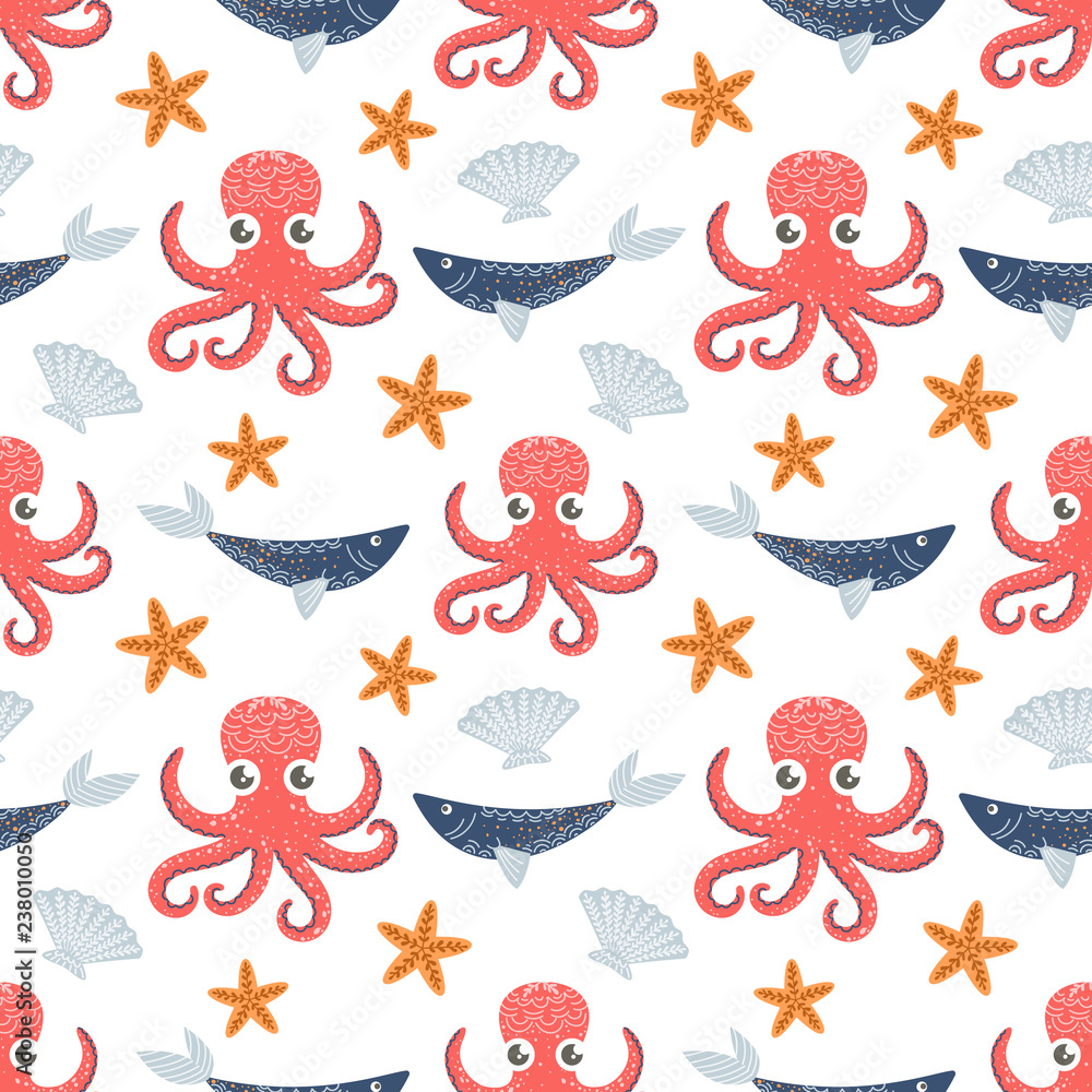 Colorful ocean with fish and octopuses for children's fabric