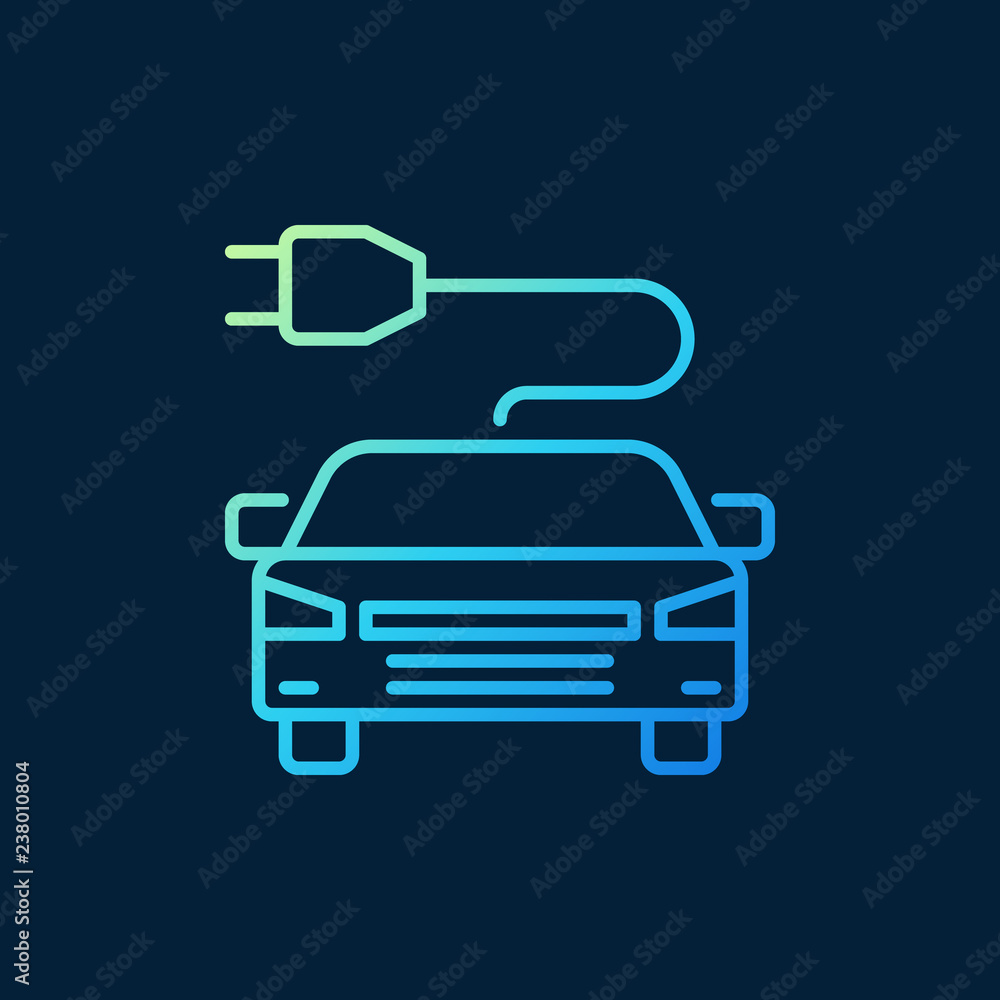 Modern electric car with plug vector colored icon or sign in outline style on dark background