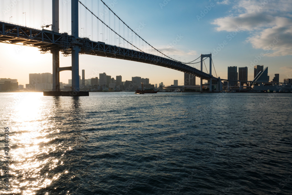 Beautiful Sunset View of Tokyo Skyline and Bridge