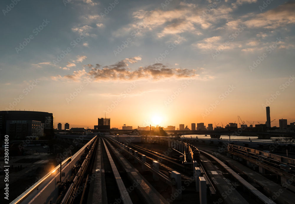 Sunset seen from Automatic train in Tokyo, Japan