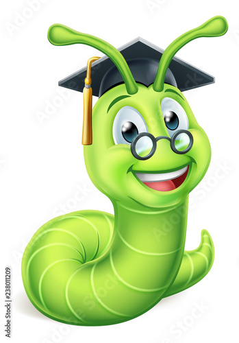 A clever teacher or professor bookworm caterpillar worm cartoon character education mascot wearing graduation mortar board hat and glasses