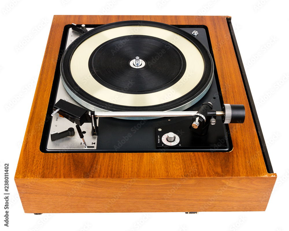Fototapeta premium Side view of vintage turntable vinyl record player isolated on white