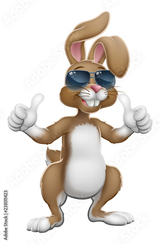 Easter bunny rabbit cartoon character in cool sunglasses or shades giving a thumbs up