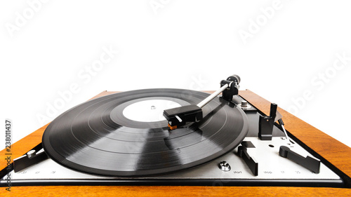 Close up of vintage turntable vinyl record player isolated on white