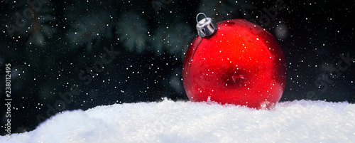 Red Christmas ball on the snow against the backdrop of the Christmas tree. Close-up red ball. Winter snowy festive background.