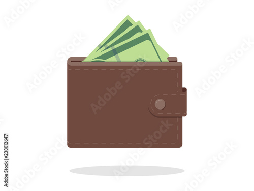 Brown wallet with green paper money Online payment Icon Vector