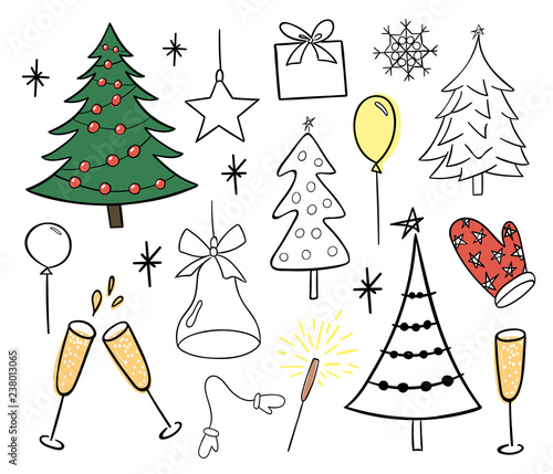 New Year and Christmass doodle set, hand drawn  black outline icons for holiday design