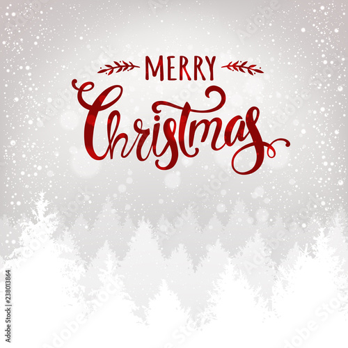 Merry Christmas typographical on white background with winter landscape, snowflakes, light, stars. Xmas card. Vector Illustration