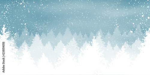 Christmas snowy background with winter landscape with snowflakes, light, stars. Xmas and New Year card. Vector Illustration