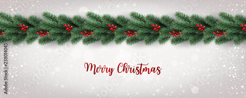 Merry Christmas Typographical on white background with tree branches decorated with berries, lights, snowflakes. Xmas theme. Vector Illustration