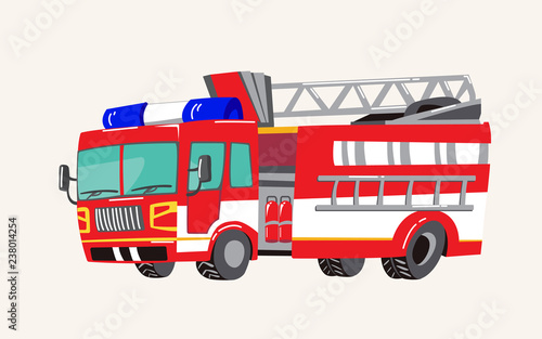 Funny cute hand drawn cartoon vehicles. Bright cartoon fire truck, fire engine, Vector illustration