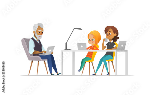 Family of programmers. Happy girl and parents coding together. Freelance family concept. Coding with kids concept. Vector illustration for website, advertisement, poster