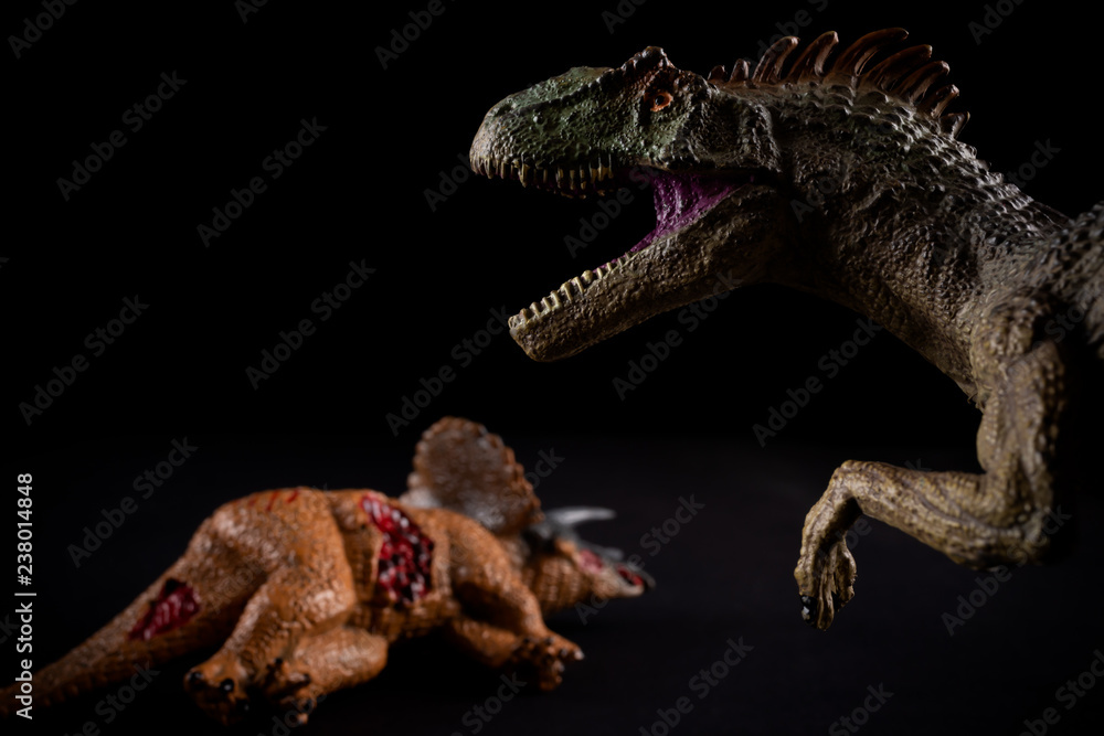 allosaurus in front of a triceratops body on dark background allosaurus in front of a triceratops body on dark background