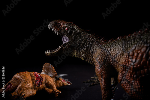 Carcharodontosaurus in front of a triceratops body on dark background © Freer