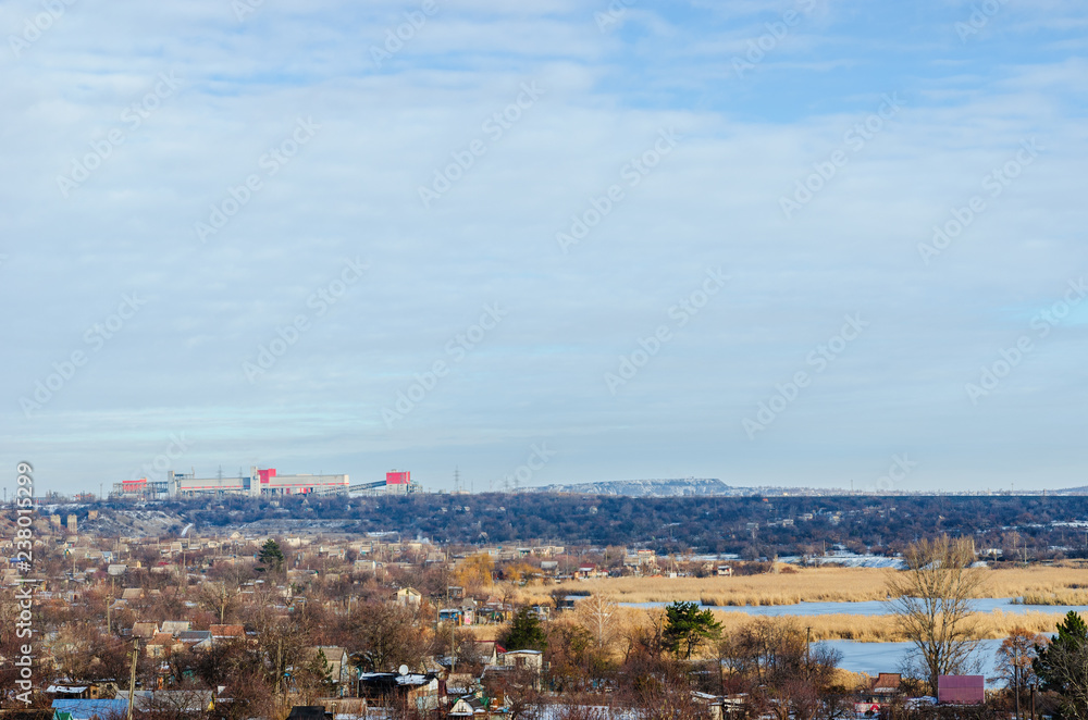 Winter landscape in the industrial zone.